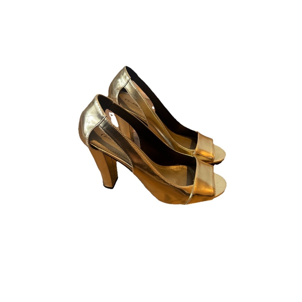 Charlotte Russe Women's Y2K Gold Peep Toe Block‎ Heel High Heels Pumps Size 6.5